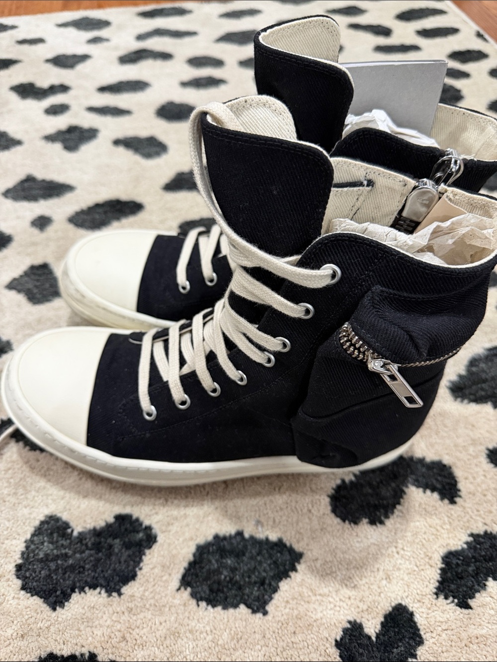 Rick Owens Black and Cream High-Top Sneakers